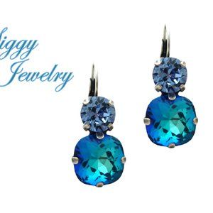 Bermuda Blue and Light Sapphire Double Drop Crystal Earrings 12mm and 8mm